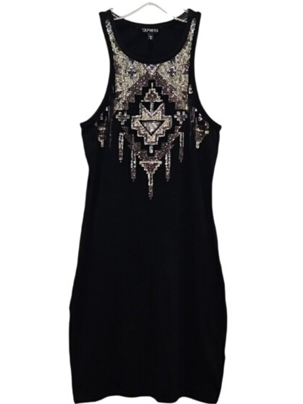 Express Black Tank Dress w/ Copper Silver Sequin Aztec Design Medium Stretch